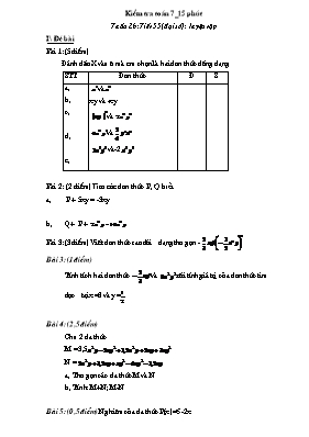 Kiểm tra Toán 715 phút Tuần 26 Tiết 55 (Đại số)